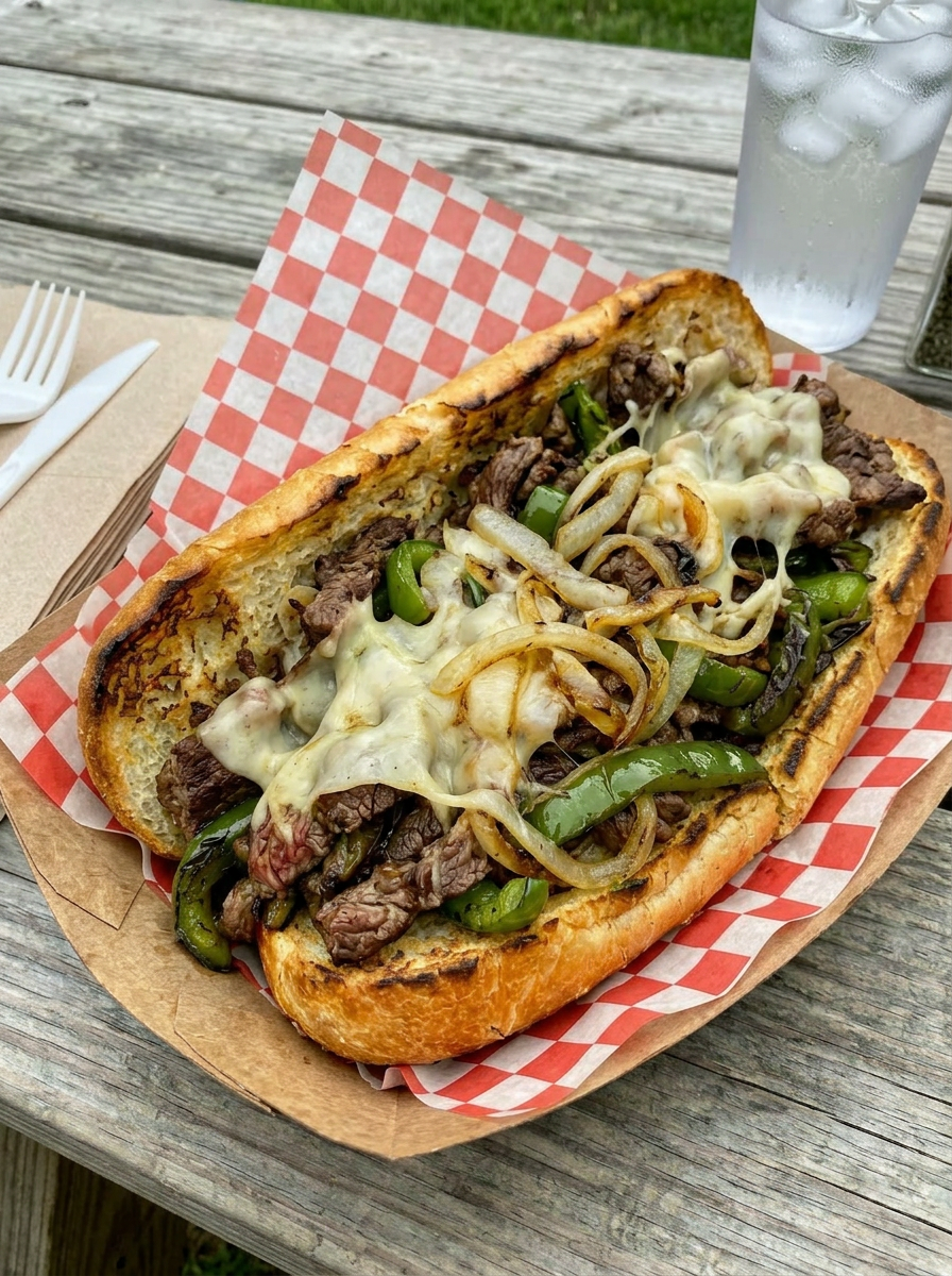 Cheesesteak sandwich with grilled onions, green peppers, and melted cheese in toasted bun