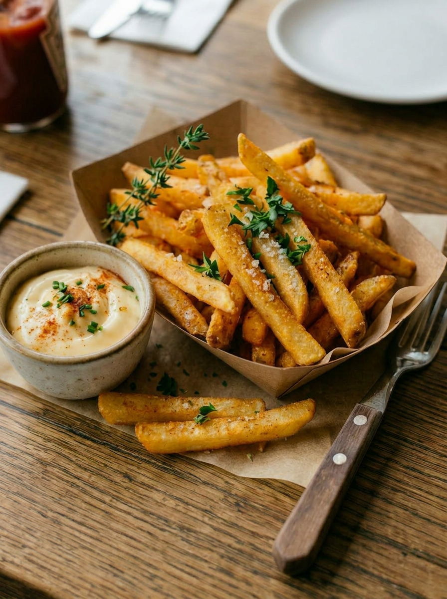 Plate of crispy seasoned fries with aioli dip and fresh herb garnish